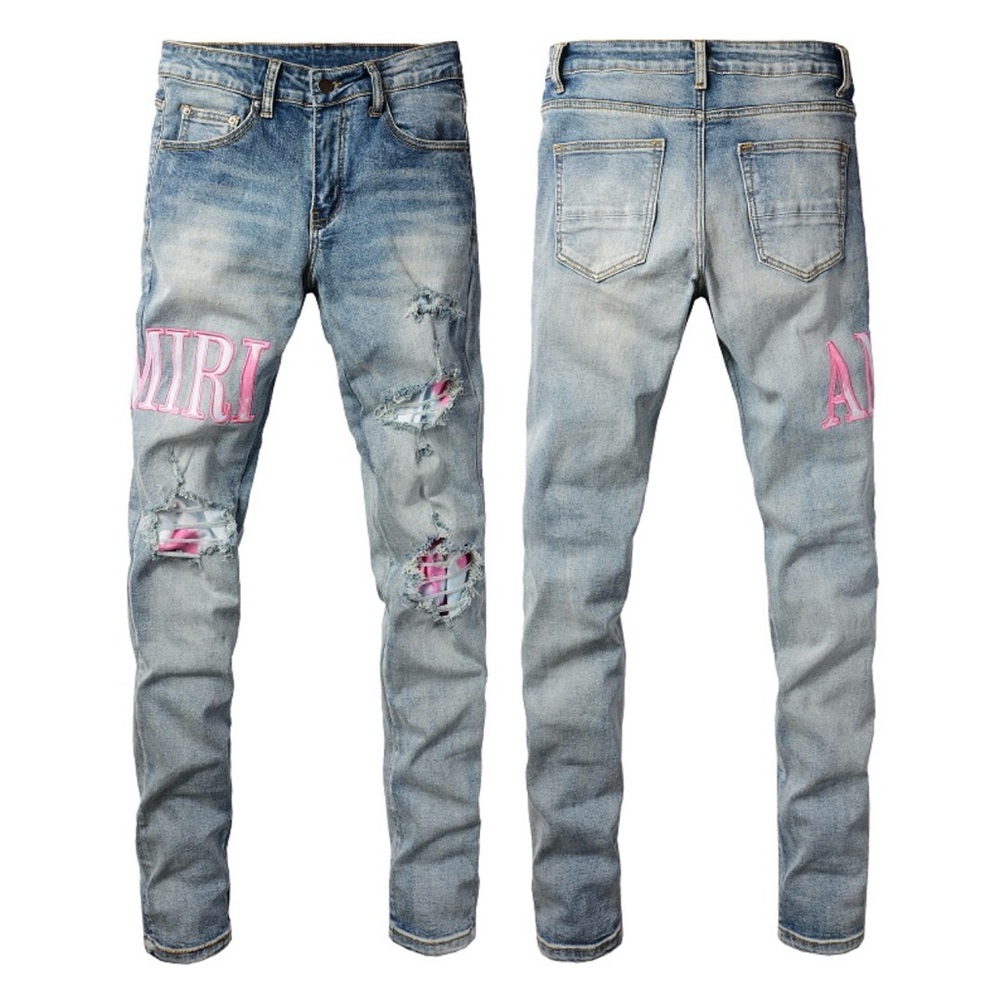 AMIRI Blue and Pink Skinny Jeans with Distressed Details